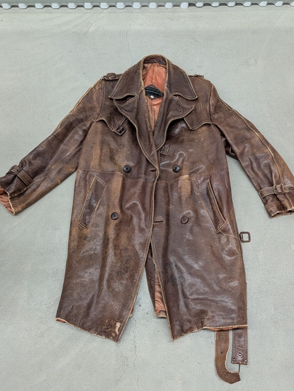Vintage Leather Saks 5th Ave Mens Brown Leather Trench Coat Double-Breasted Sz42
